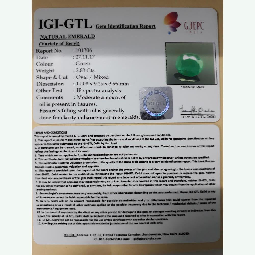 2.83/CT Natural Emerald Stone with Govt. Lab Certificate (12210)