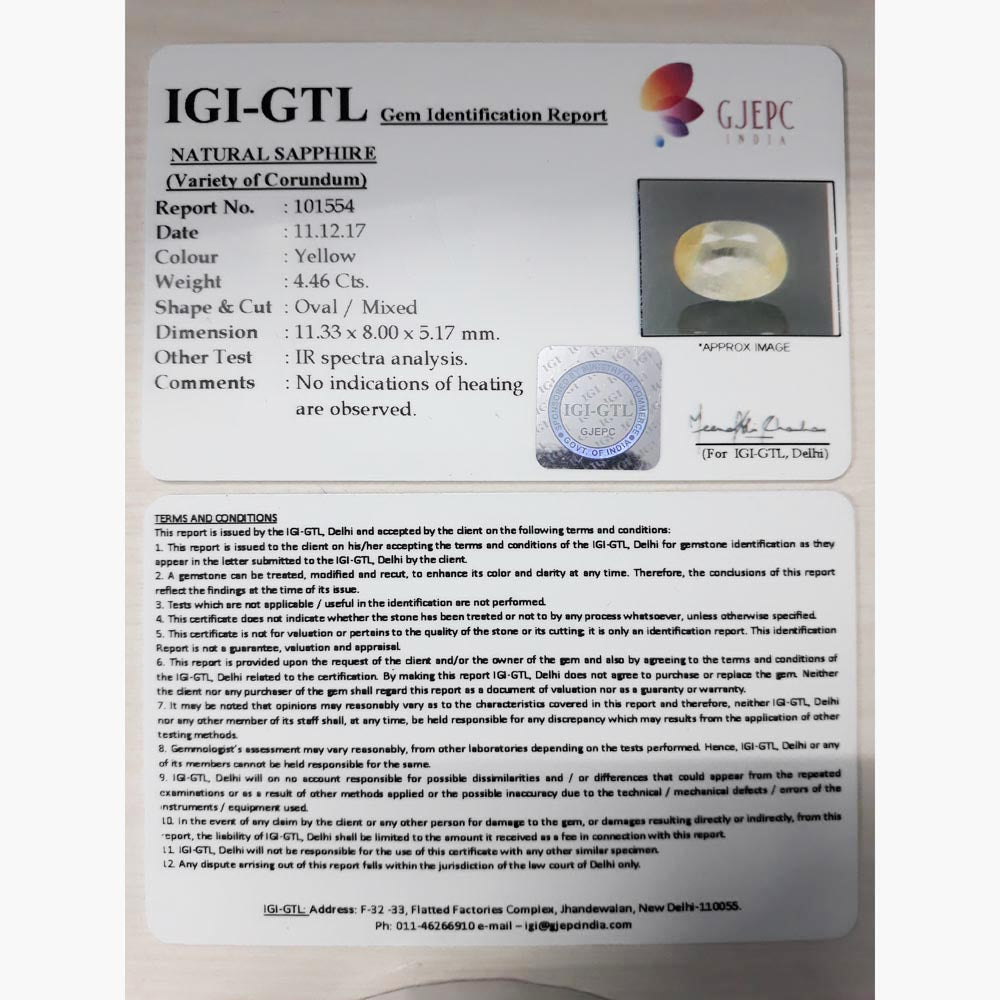 4.46/CT Natural Yellow Sapphire with Govt Lab Certificate-12210