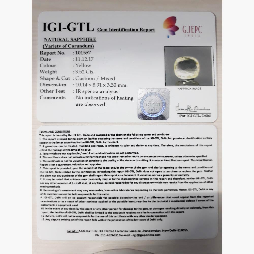 3.52/CT Natural yellow sapphire with Govt Lab Certificate-(YELSA9V)
