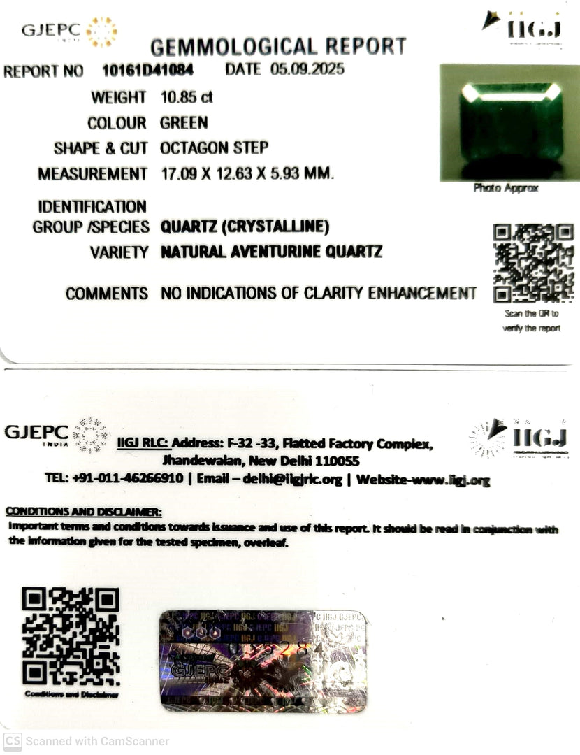 10.85/CT NATURAL AVENTURINE QUARTZ With Govt Lab Certificate (450)