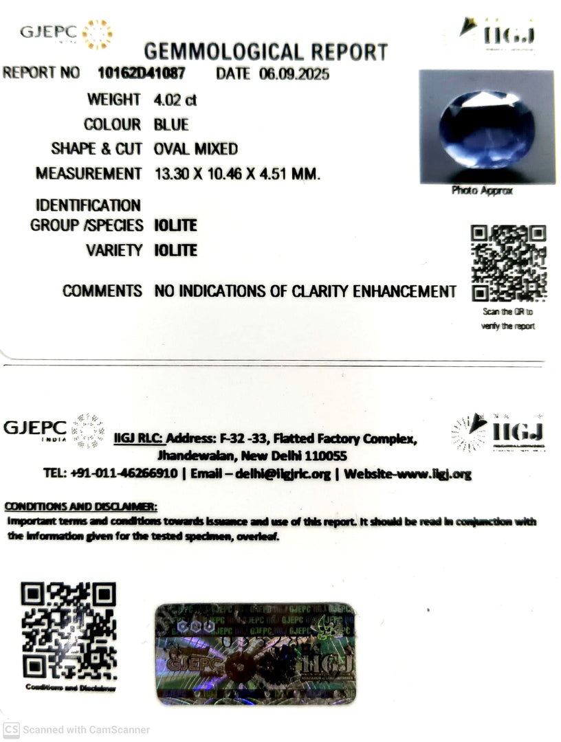 4.02/CT Natural Iolite With Govt. Lab Certificate (2331)