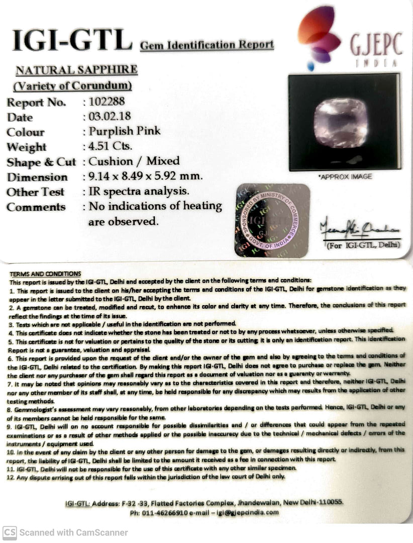 4.51/CT Natural Purple Sapphire with Govt Lab Certificate-102288