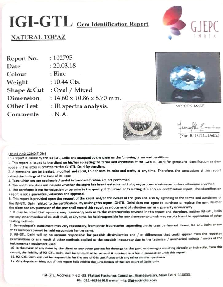 10.44/CT Natural Certified Blue Topaz Gemstone -102795