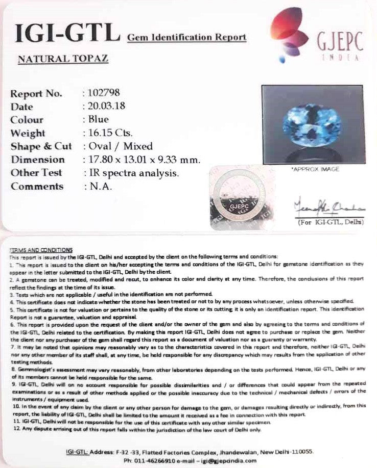 16.15/CT Natural Certified Blue Topaz Gemstone -102798
