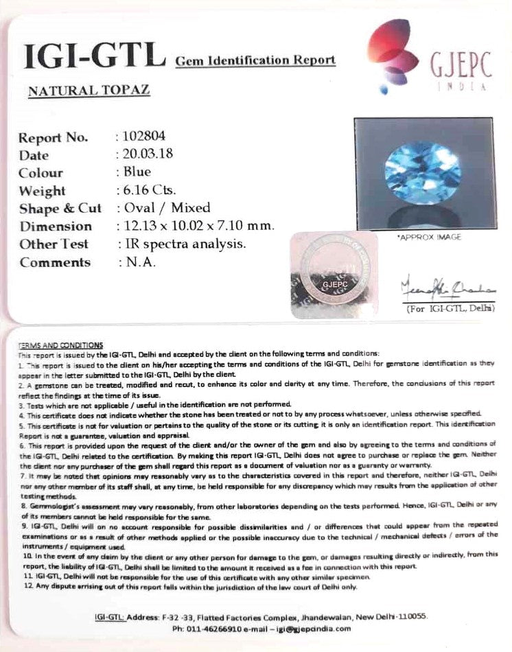 6.16/CT Natural Certified Blue Topaz Gemstone -102804