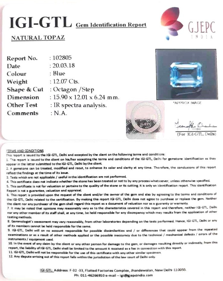 12.07/CT Natural Certified Blue Topaz Gemstone -102805