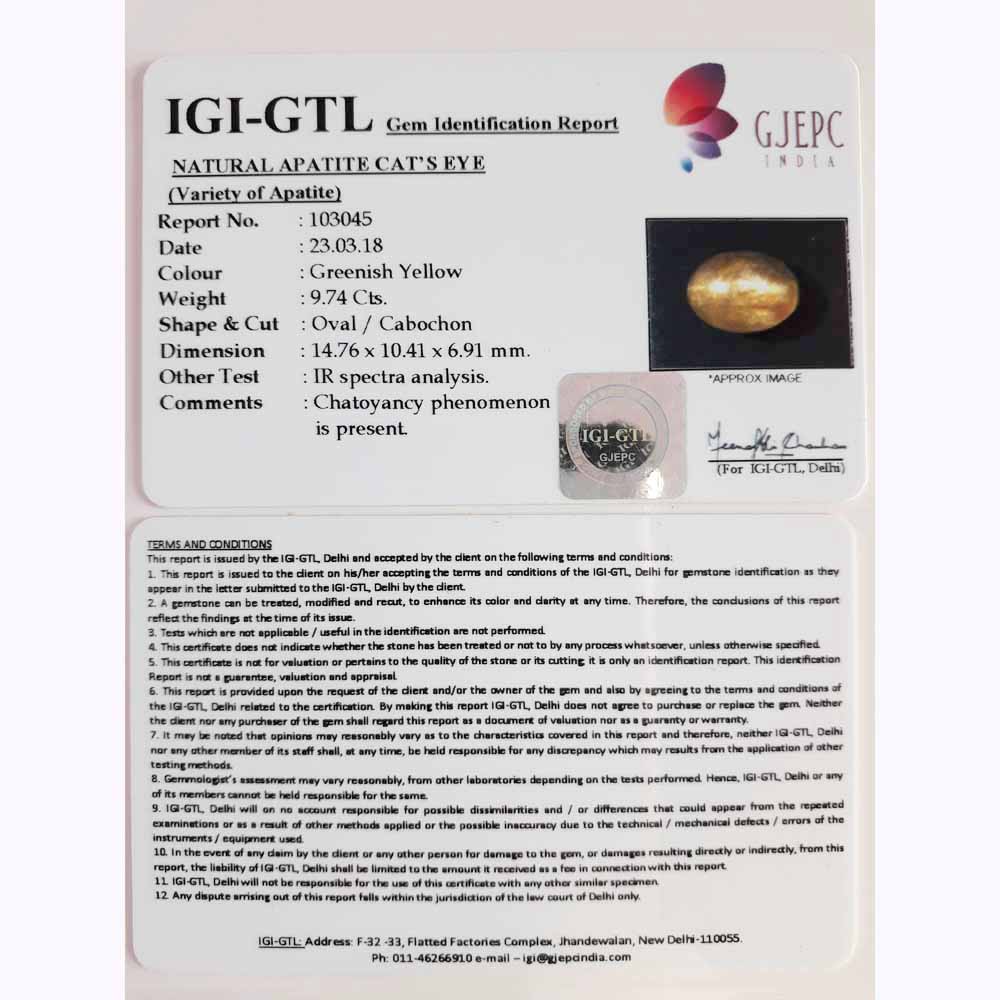 10.82 Ratti Natural Apatite Cat's Eye with Govt. Lab certified-(1221)