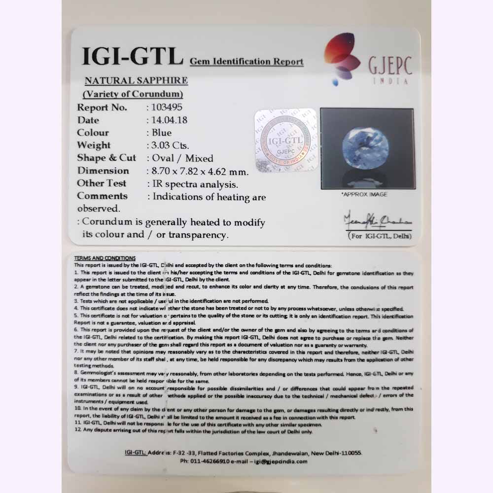 3.03/CT Natural Blue sapphire with Govt Lab Certificate-BLUSA9T