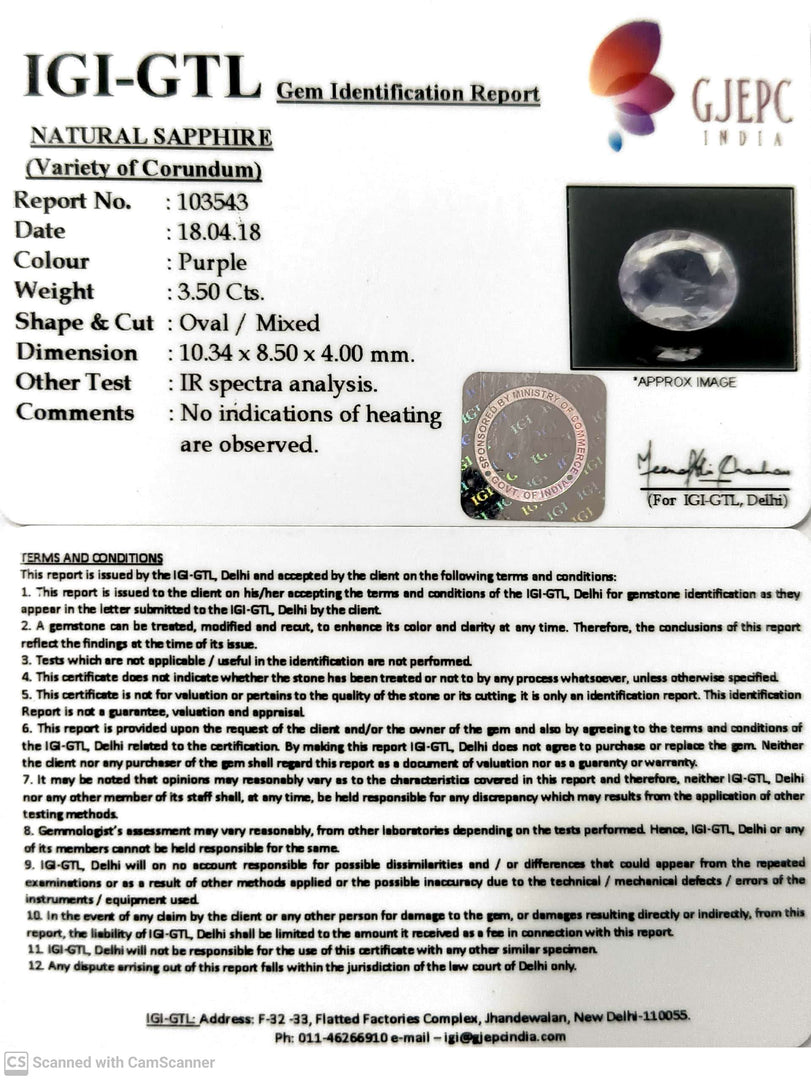 3.50/CT Natural Purple Sapphire with Govt Lab Certificate-103543