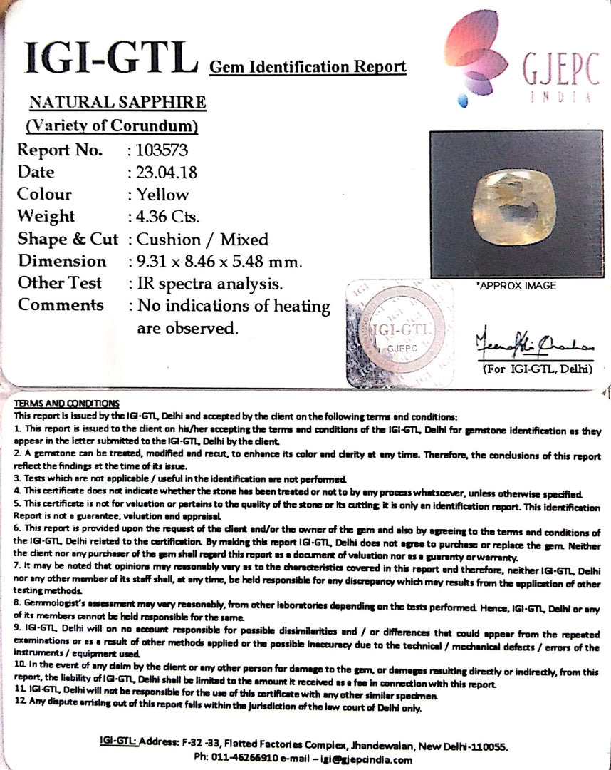 4.36/CT Natural Yellow Sapphire With Govt Lab Certificate-12210