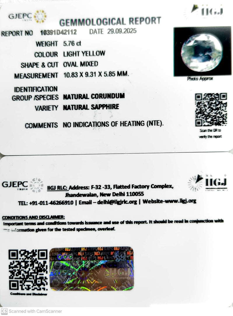 5.76/CT Natural Yellow Sapphire With Govt Lab Certificate (23310)
