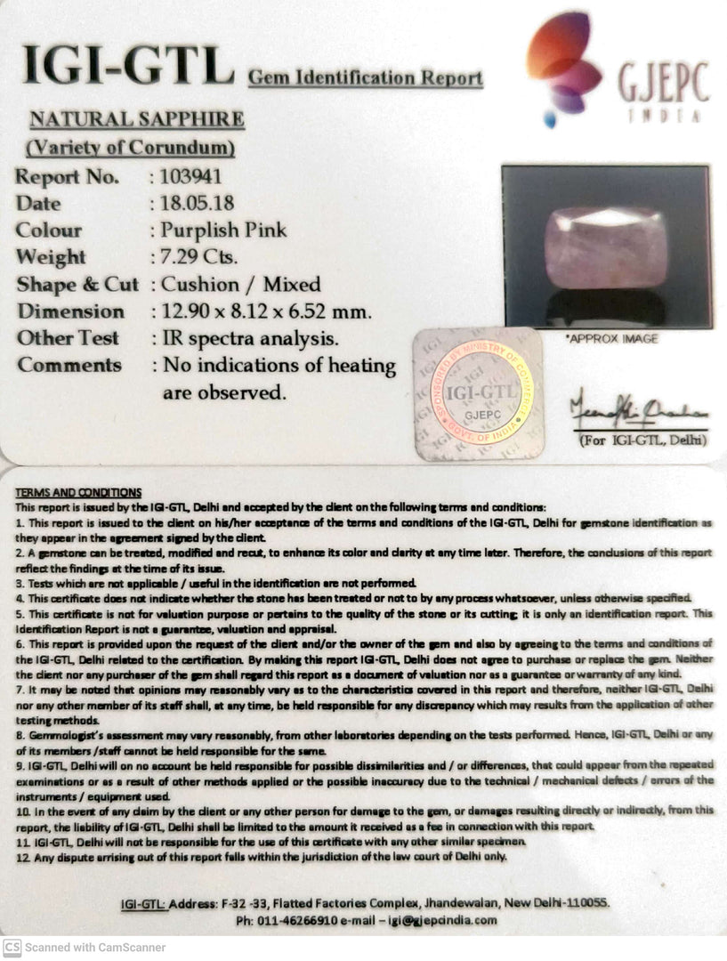 7.29/CT Natural Pink Sapphire with Govt Lab Certificate-(12210)