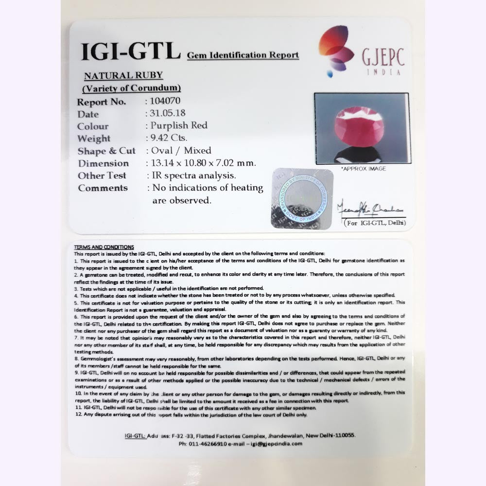 10.47 Ratti Natural New Burma Ruby with Govt. Lab Certificate (3441)