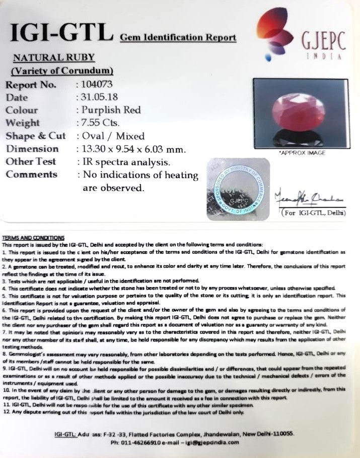 7.55/CT Natural Ruby with Govt. Lab Certificate-104073