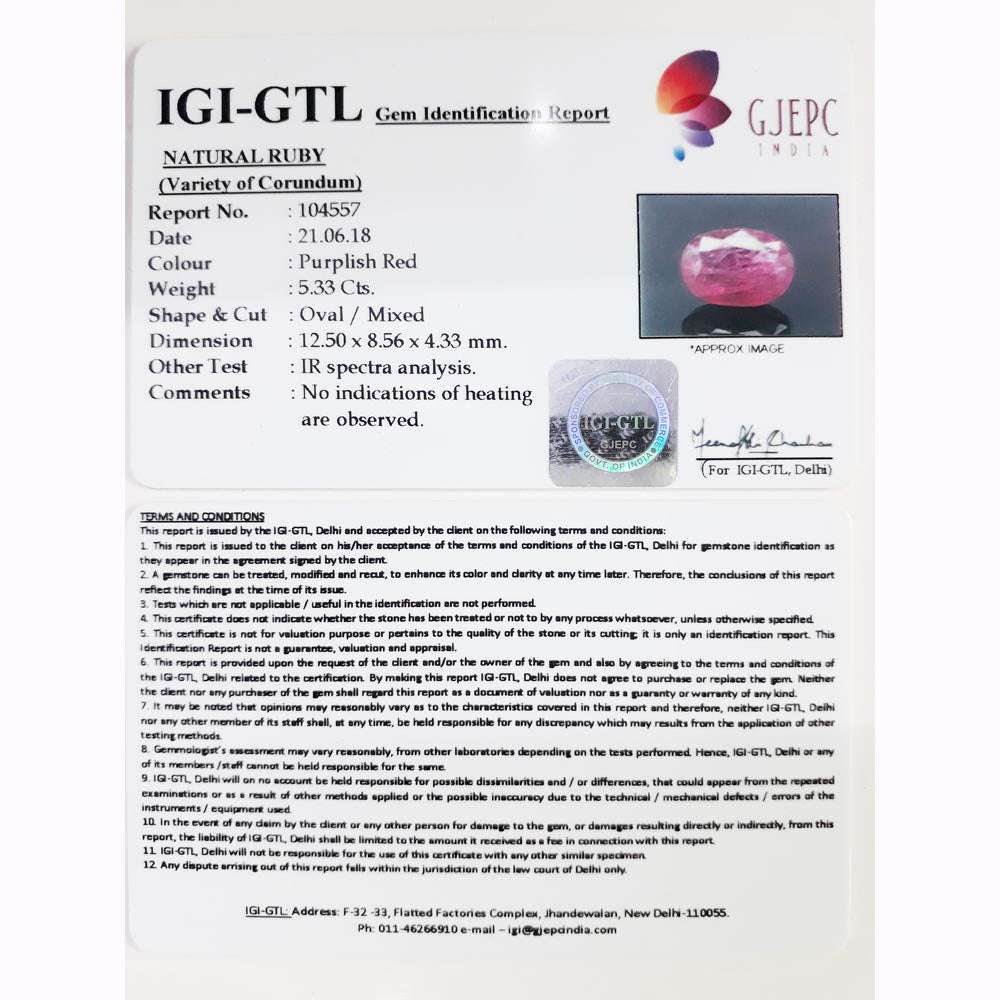5.33 Carat Natural New Burma Ruby with Govt. Lab Certificate-(RUBY9W)