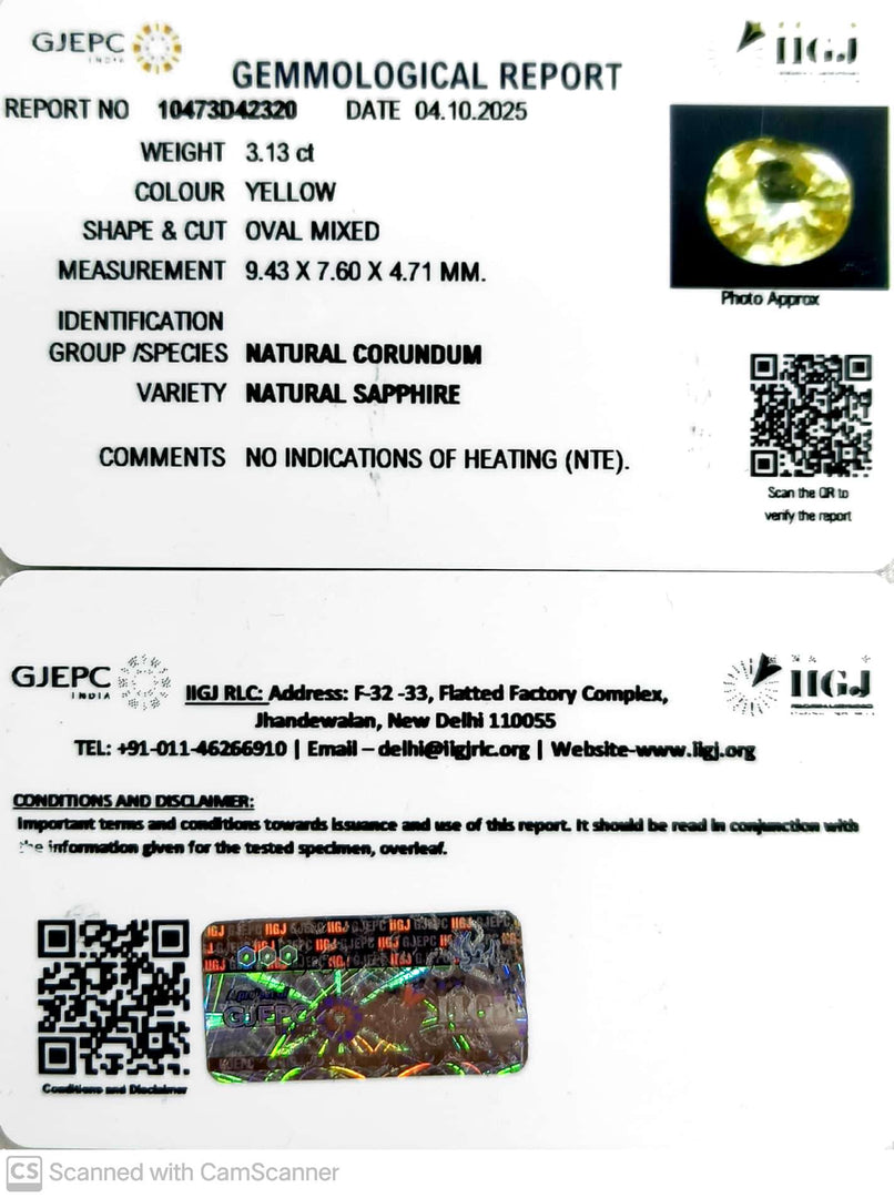 3.13/CT Natural Yellow Sapphire With Govt Lab Certificate (45510)