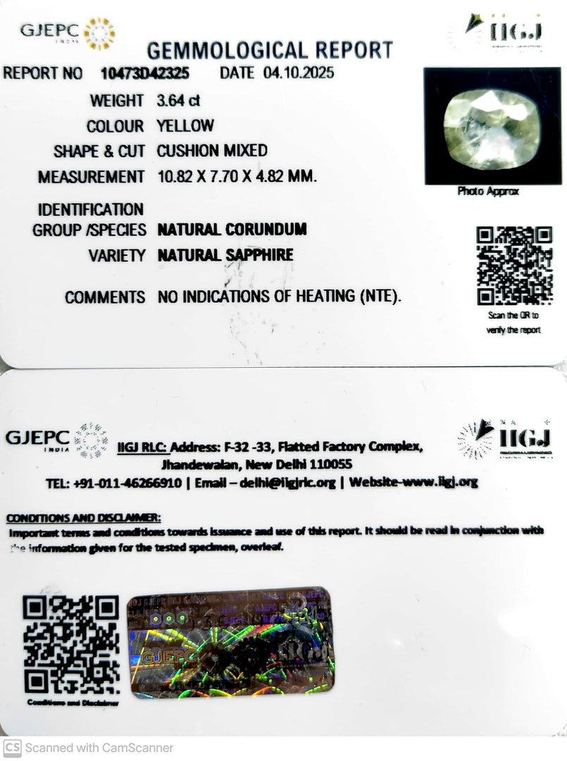 3.64/CT Natural Yellow Sapphire With Govt Lab Certificate (16650)