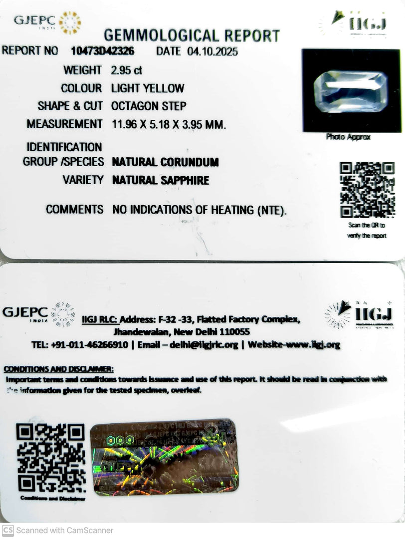 2.95/CT Natural Yellow Sapphire With Govt Lab Certificate (23310)