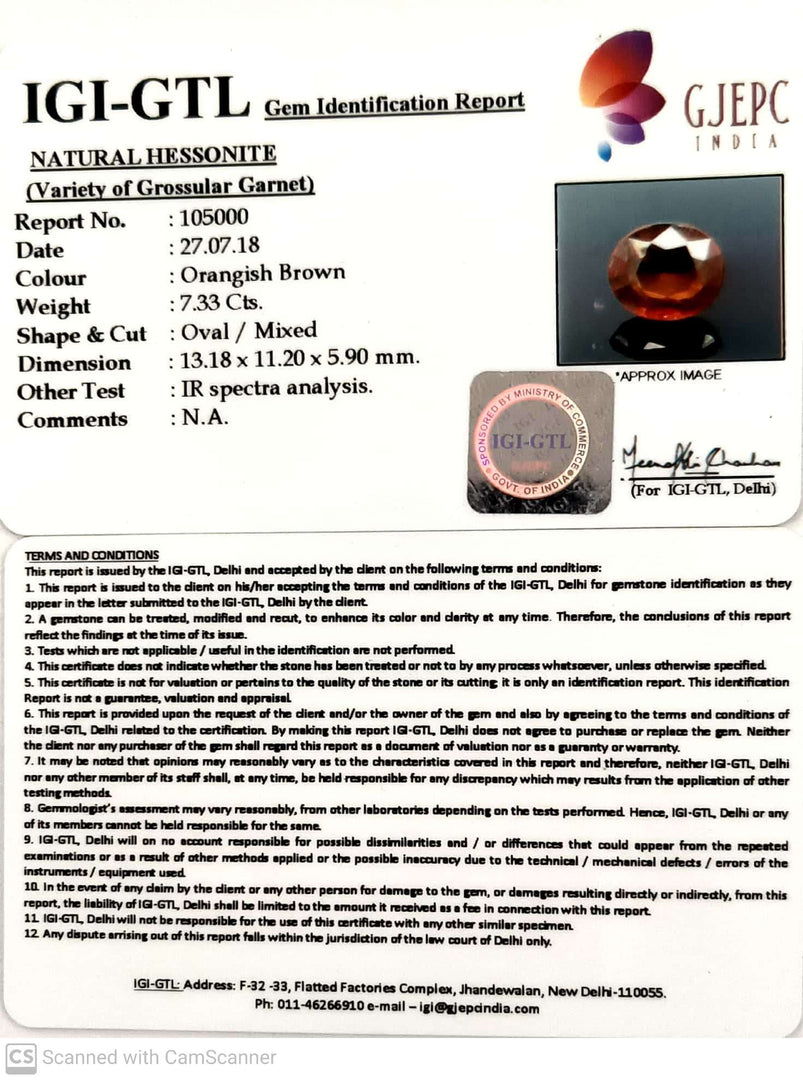 7.33/Carat Natural Hessonite with Govt. Lab Certificate-105000