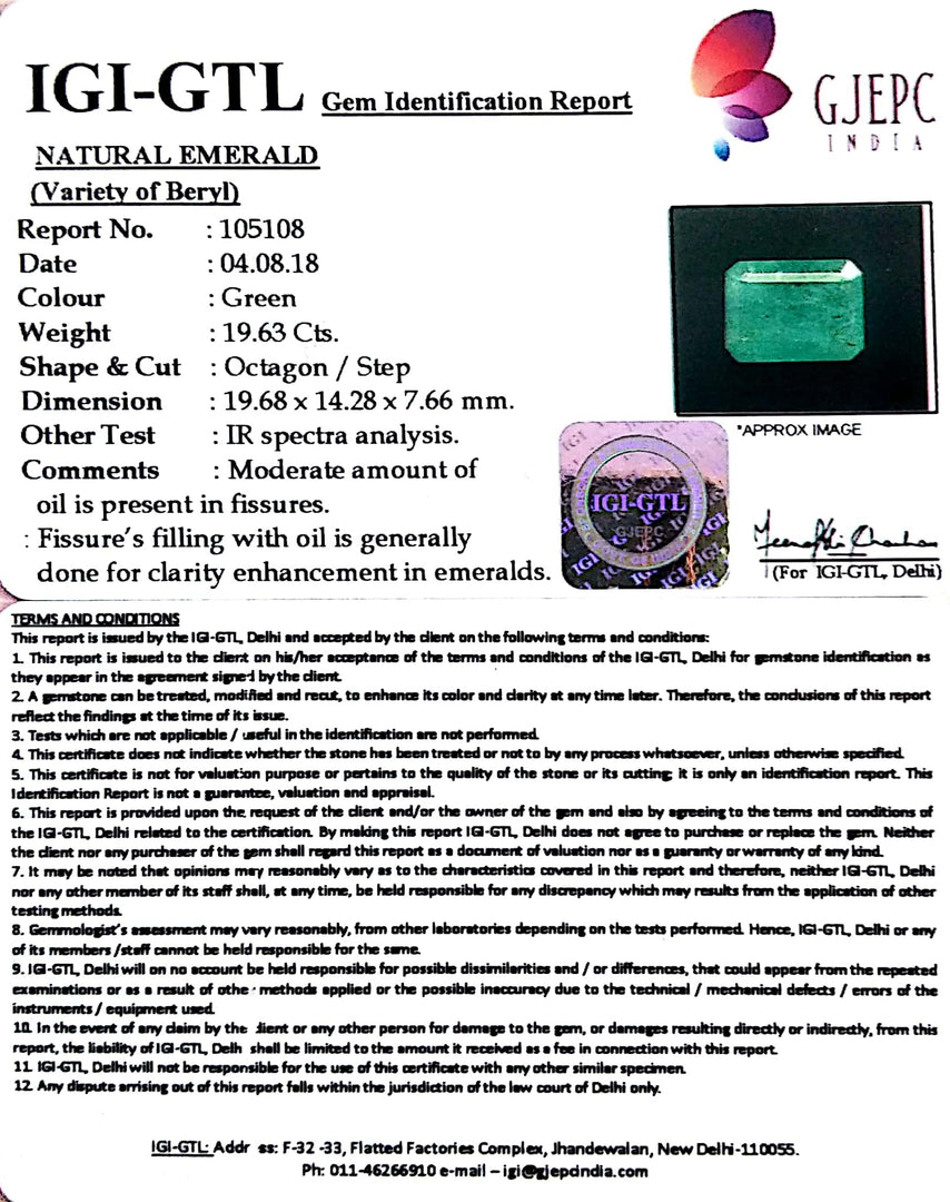 21.71 Ratti Natural Emerald Stone With Govt. Lab Certificate (2331)