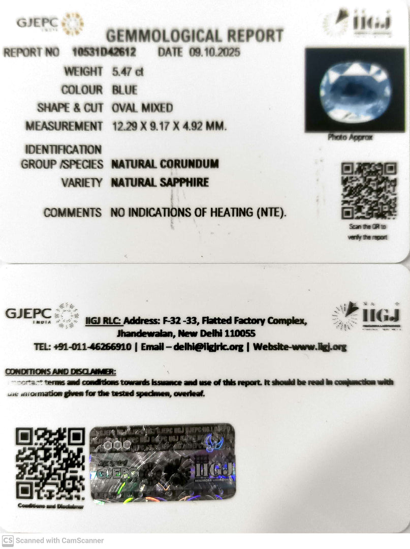 5.47/CT Natural Blue Sapphire with Govt Lab Certificate (16650)