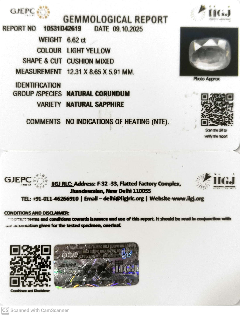 6.62/CT Natural Yellow Sapphire With Govt Lab Certificate (23310)