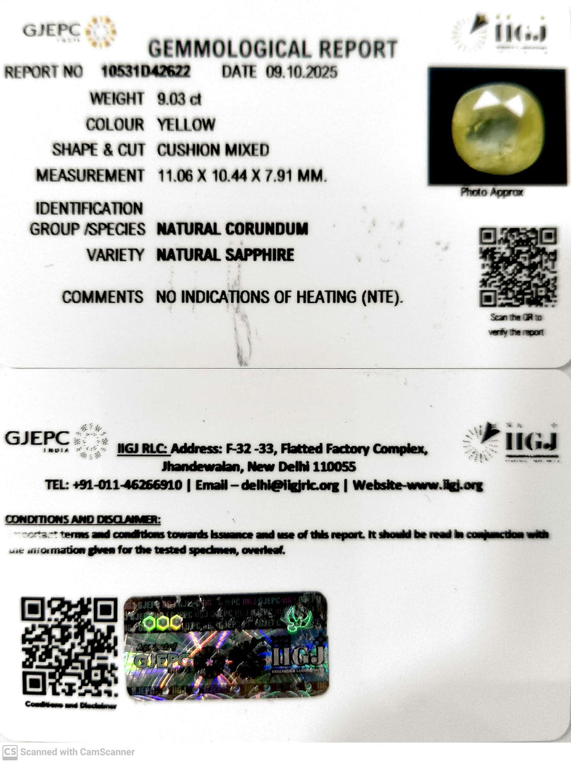 9.03/CT Natural Yellow Sapphire With Govt Lab Certificate (12210)