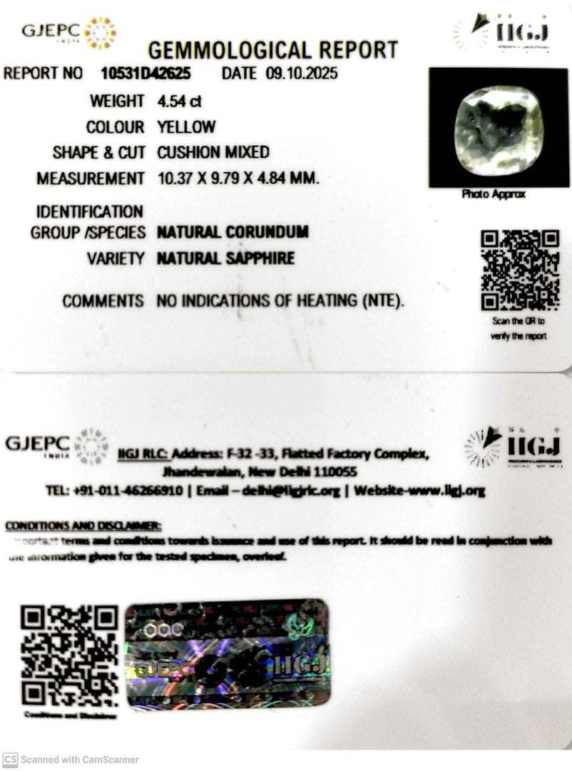 4.54/CT Natural Yellow Sapphire With Govt Lab Certificate (12210)