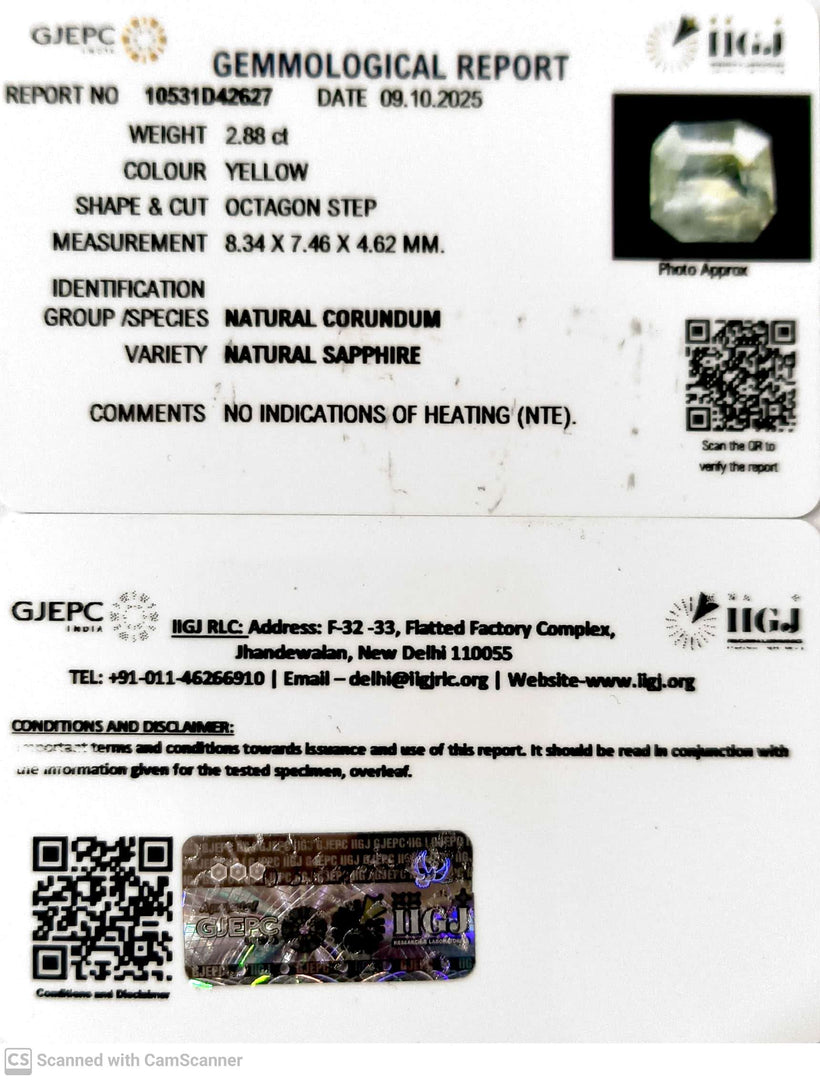 2.88/CT Natural Yellow Sapphire With Govt Lab Certificate (16650)