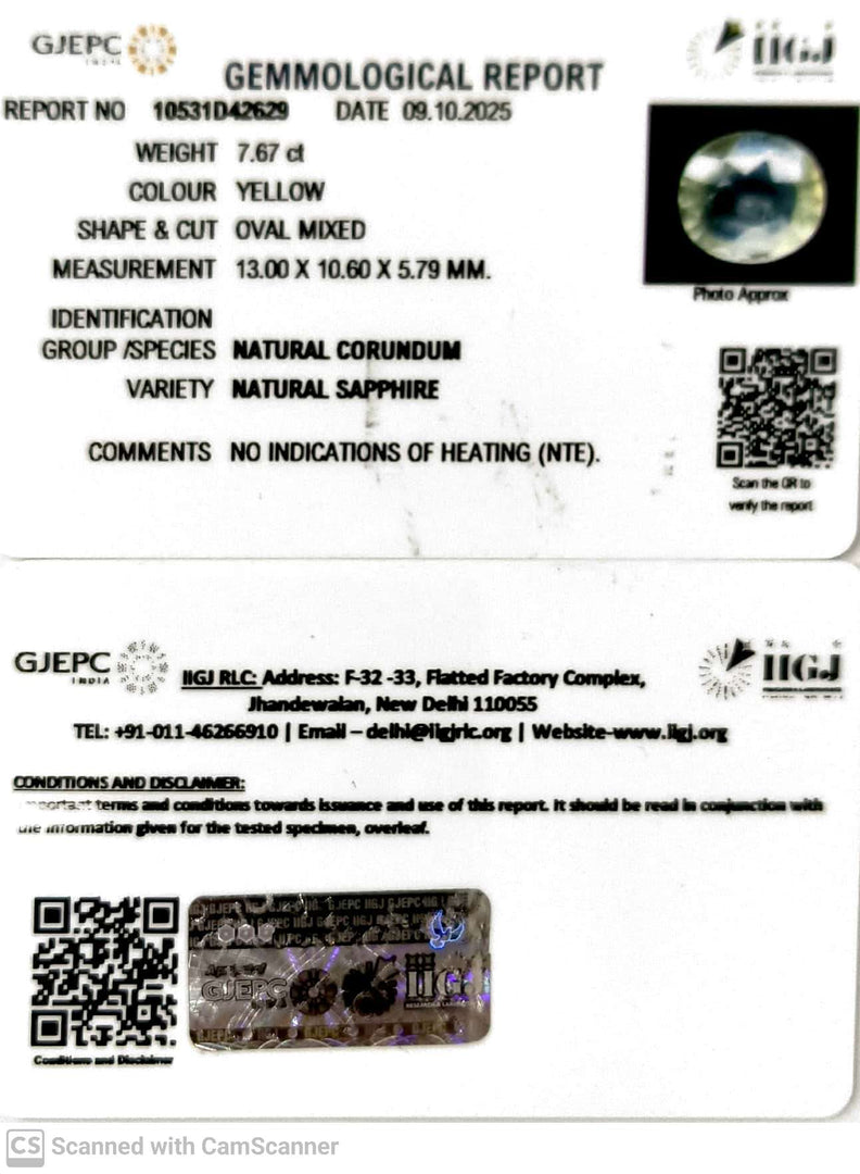 7.67/CT Natural Yellow Sapphire With Govt Lab Certificate (12210)