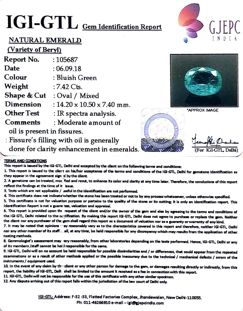 7.42/CT Natural Colombian Panna Stone With Govt. Lab Certificate (12210)