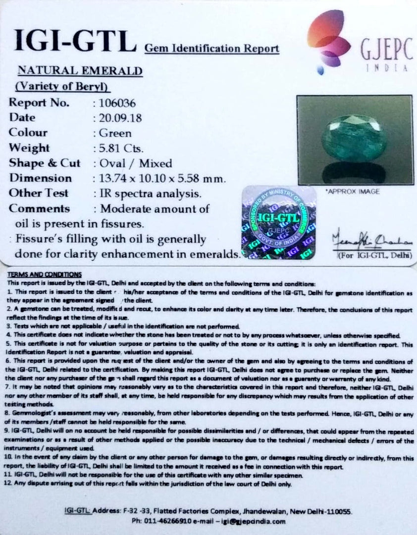 5.81/CT Natural Panna Stone with Govt. Lab Certificate (16650)