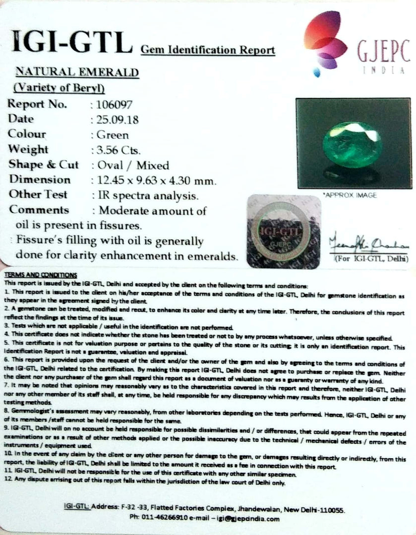 3.56/CT Natural Emerald Stone With Govt. Lab Certificate (16650)