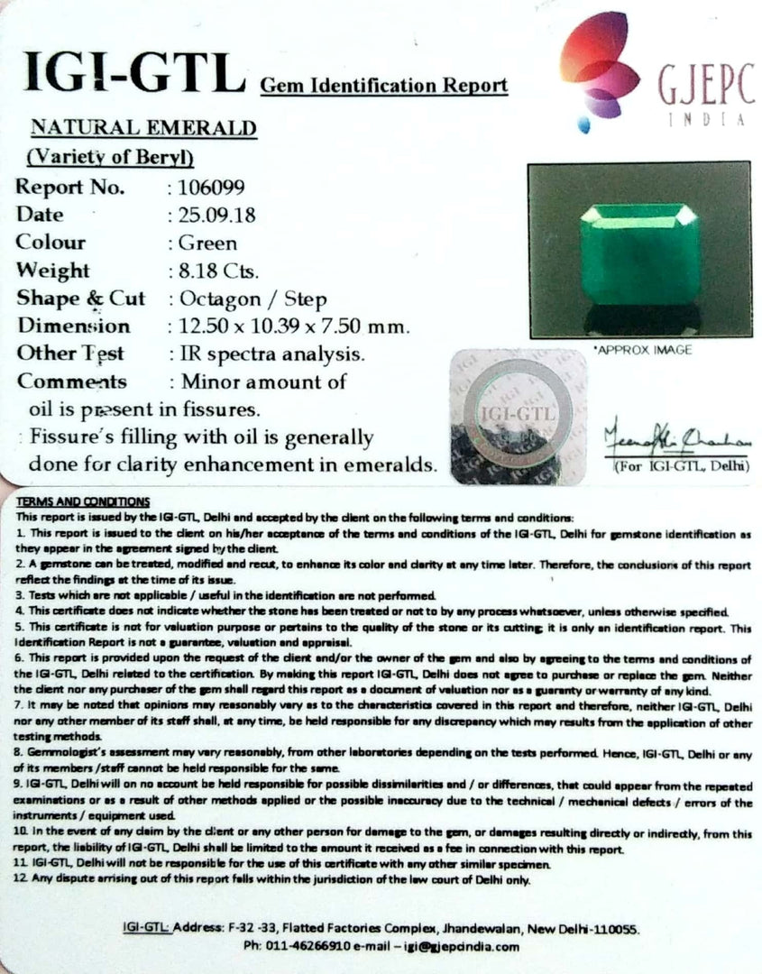 8.18/CT Natural Panna Stone With Govt. Lab Certificate (6771)