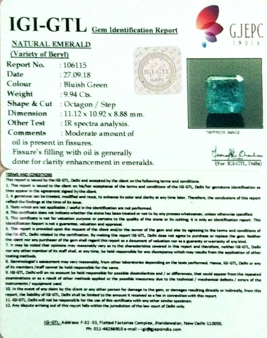 9.94/CT Natural Panna Stone With Govt. Lab Certificate (8991)