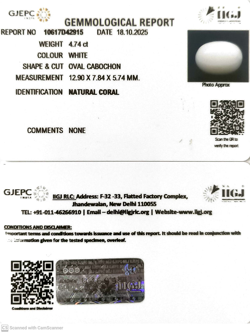 4.74/CT White Coral with Govt. Lab Certified - 10617D42915