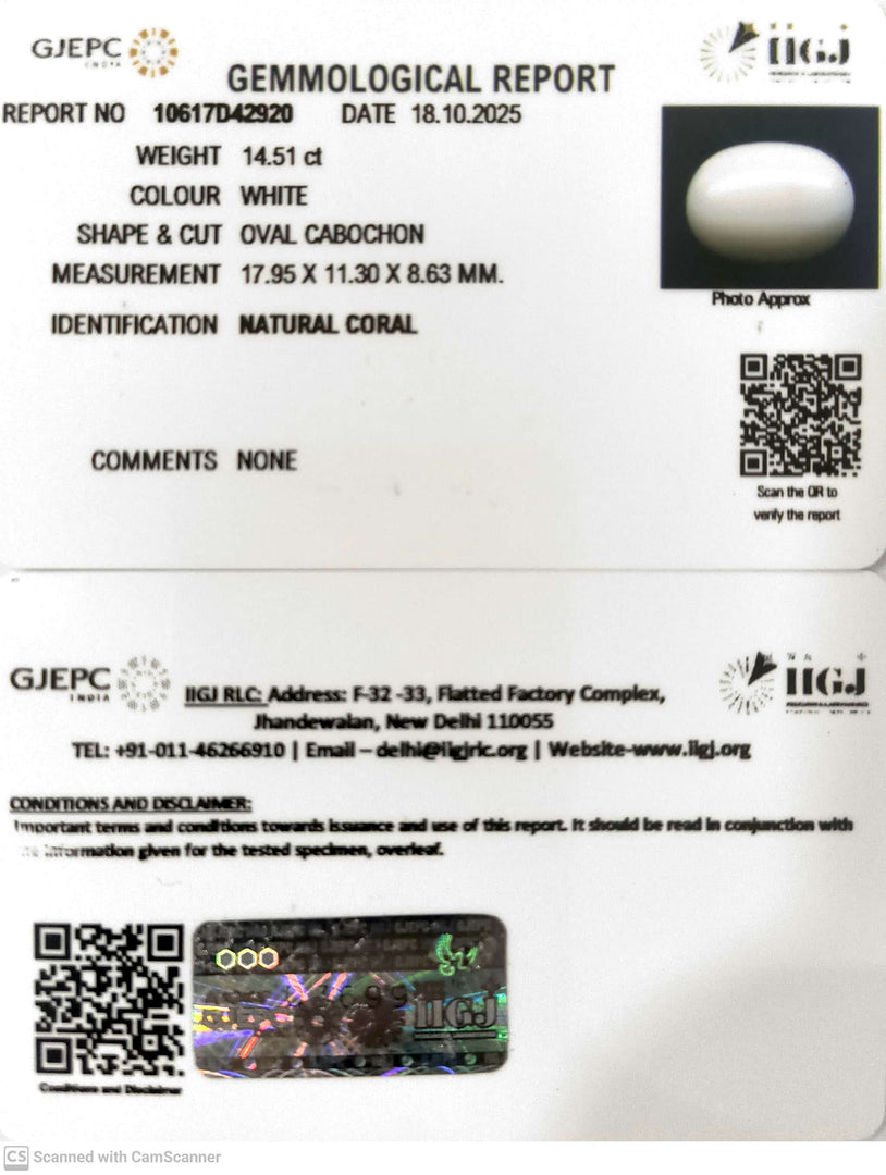 14.51/CT White Coral with Govt. Lab Certified (1500)