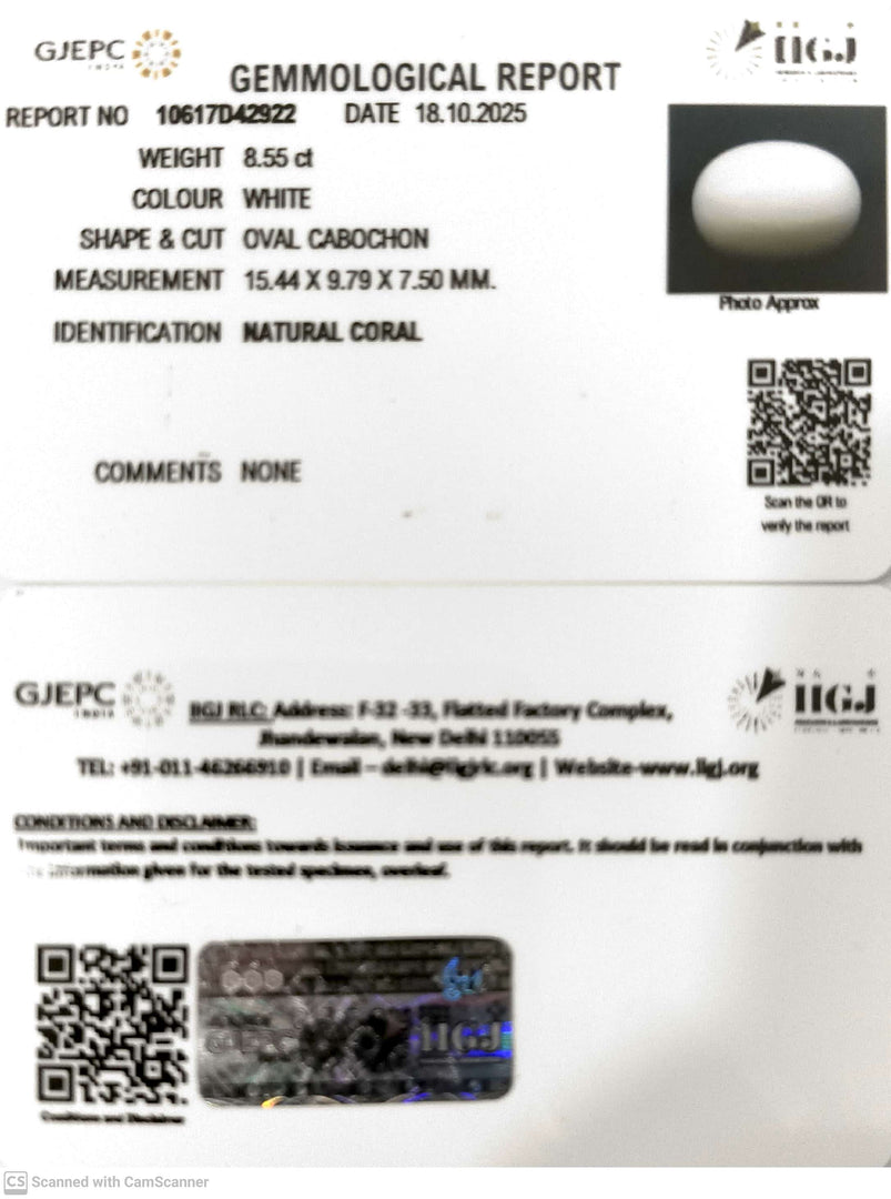 8.55/CT White Coral with Govt. Lab Certificate - 10617D42922