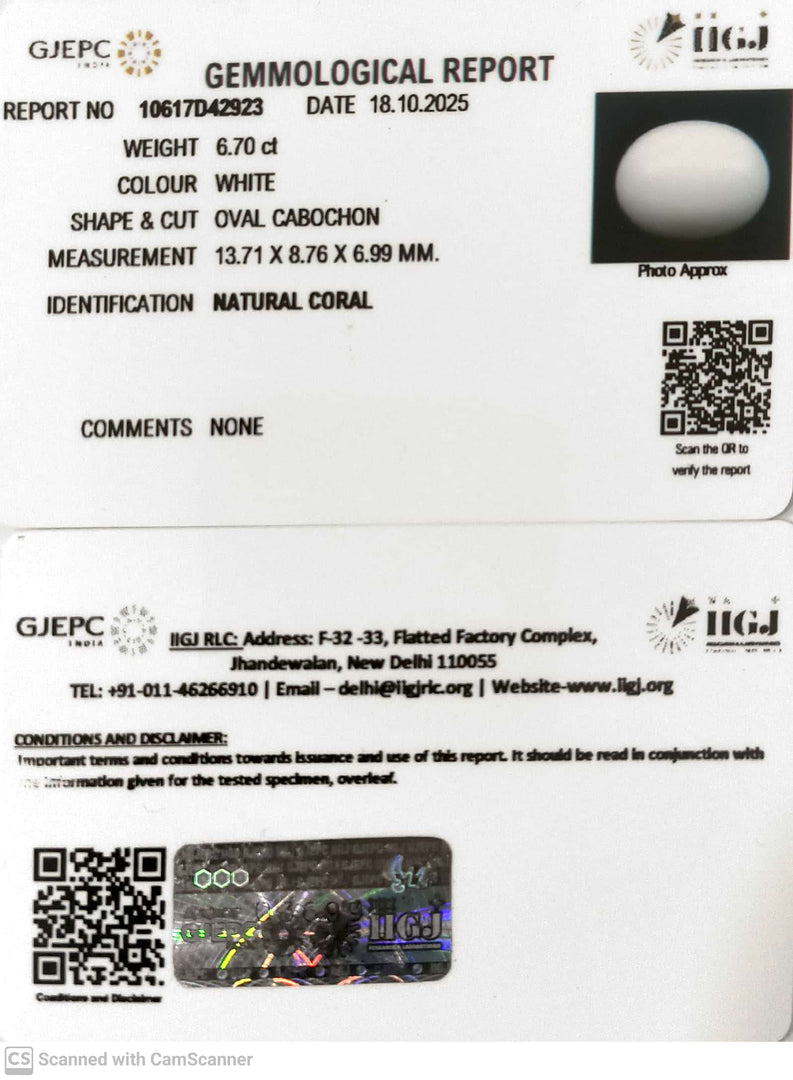 6.70/CT White Coral with Govt. Lab Certified (1500)