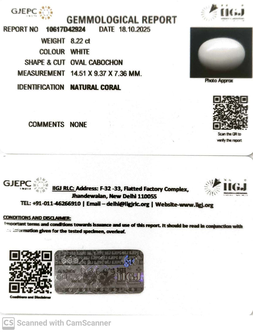 8.22/CT White Coral with Govt. Lab Certified (1500)