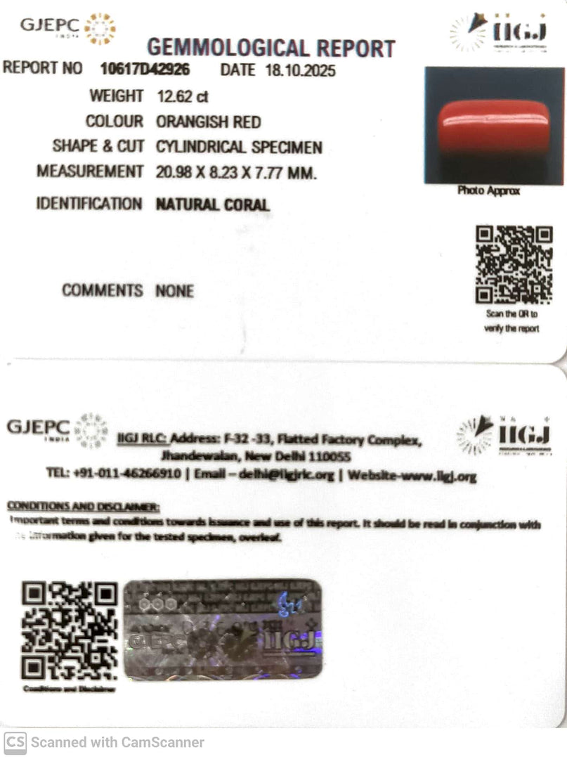 12.62/CT Natural Red Coral With Govt. Lab Certificate (1800)