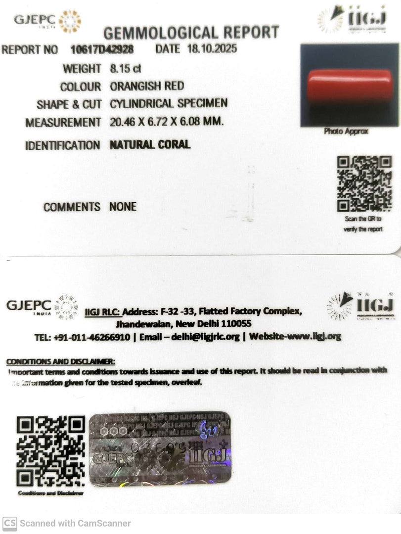 8.15/CT Natural Red Coral With Govt. Lab Certificate (1800)