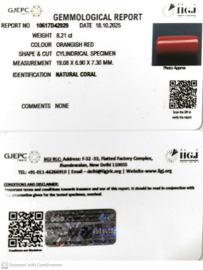 8.21/CT Natural Red Coral With Govt. Lab Certificate (1800)