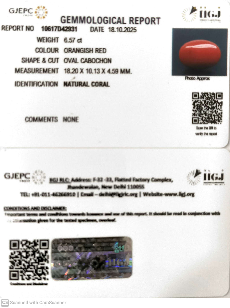 6.57/CT Natural Red Coral With Govt. Lab Certificate (8200)