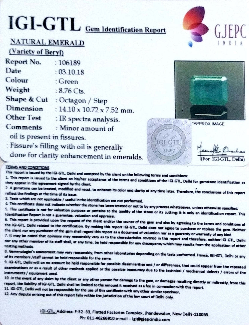 8.76/CT Natural Panna Stone With Govt. Lab Certificate (4551)