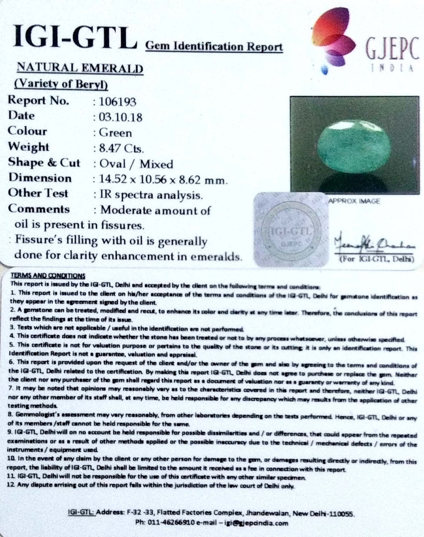 9.41 Ratti Natural Panna Stone With Govt. Lab Certificate (2331)