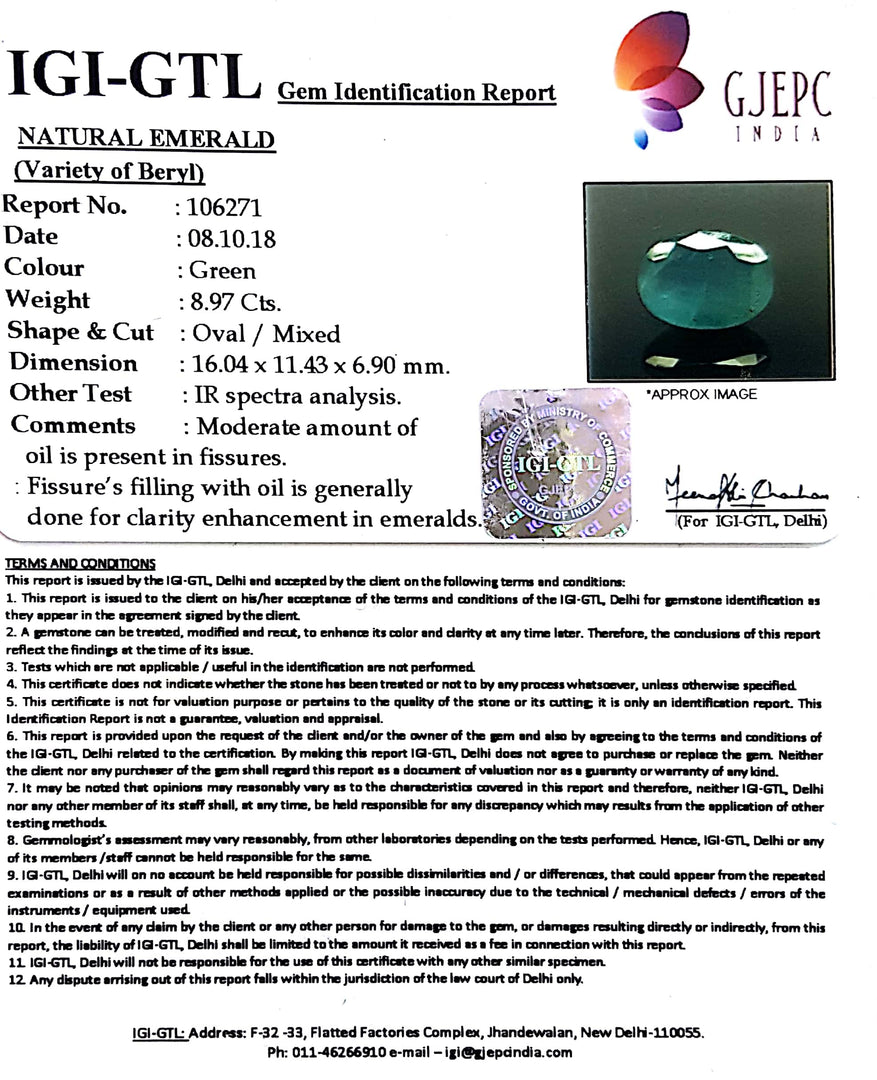8.97/CT Natural Panna Stone With Govt. Lab Certificate (4551)