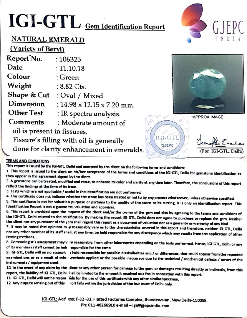 9.80 Ratti Natural ZAMBIAN Panna Stone With Govt. Lab Certificate (3441)