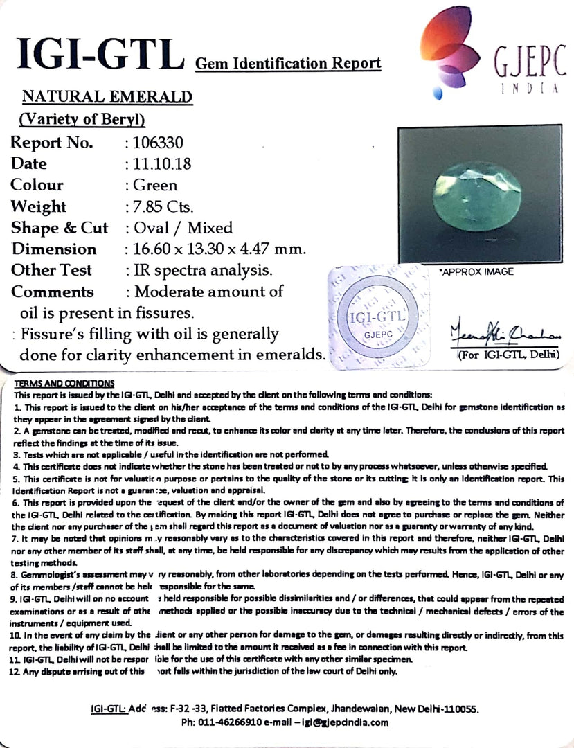 8.71 Ratti Natural ZAMBIAN Panna Stone With Govt. Lab Certificate (3441)