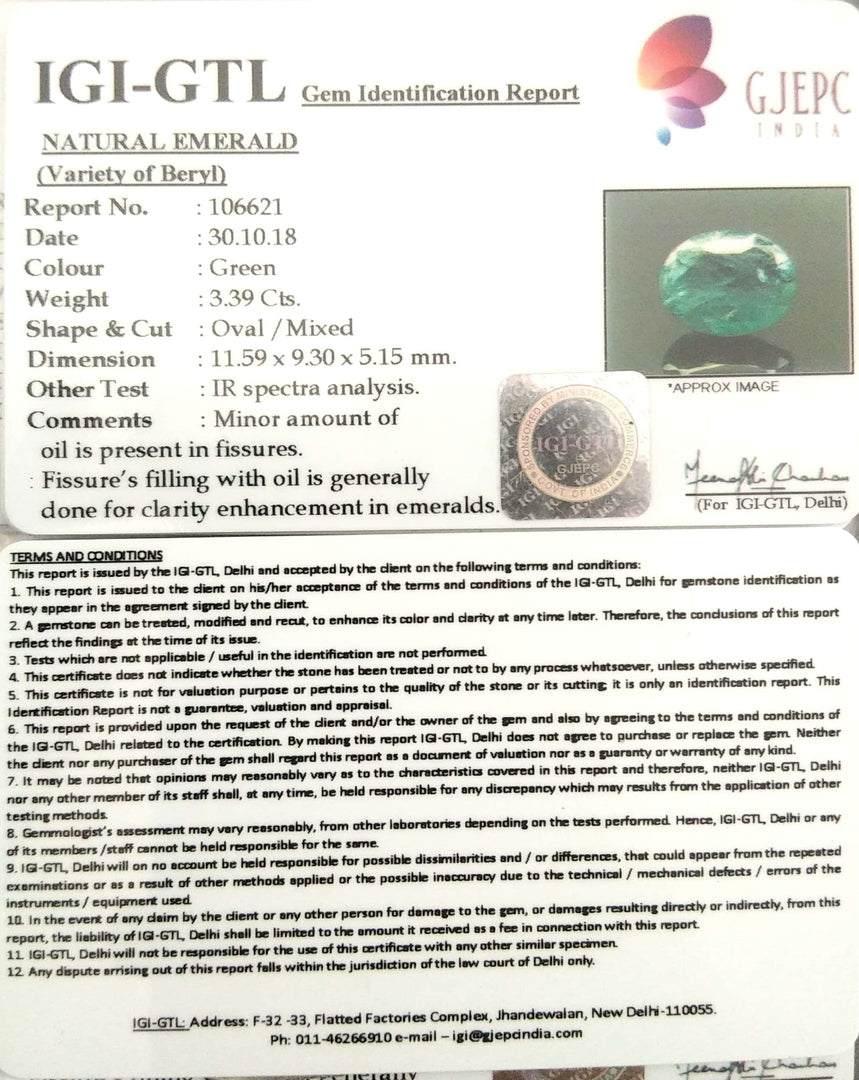 3.39/CT Natural Zambian Panna Stone With Govt. Lab Certificate (6771)